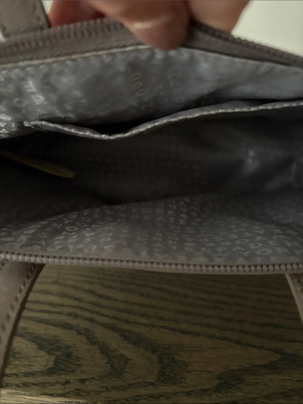 kate spade mauve tote with glitter bottom and gold logo
